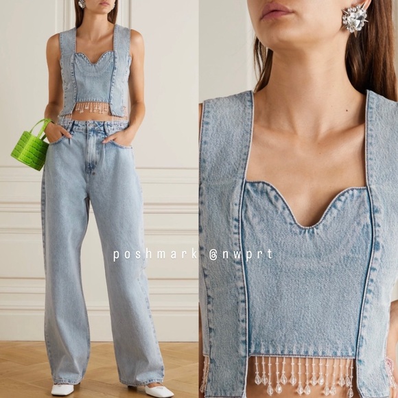 Ganni Tops - GANNI ☻ Tint Denim Beaded Crop Tank Top Cami Crystal Blue Fringe 34 XS 0 2